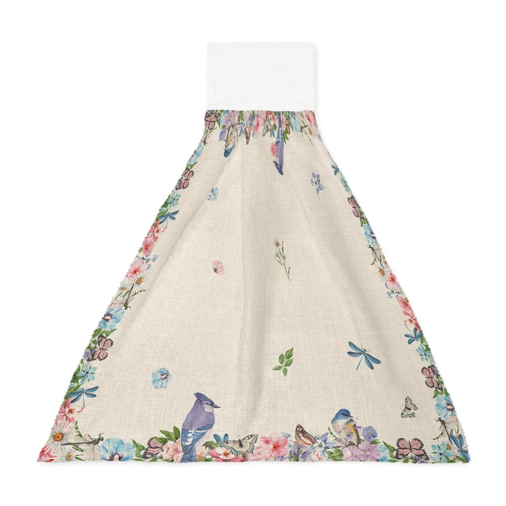 BOBOWUNY 1 Pcs Hanging Kitchen Hand Towels, Bird Flowers Super Soft Microfiber Tie Towels 14''x18'' Aborbent Washcloth for Bathroom Oven Tea Bar Spring Summer Dragonfly Herb Plants