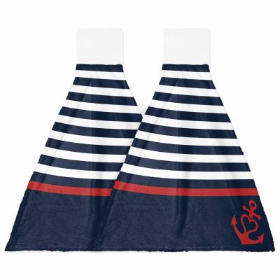 BOBOWUNY 2 Pcs Hanging Kitchen Hand Towels, Navy Super Soft Microfiber Tie Towels 14''x18'' Aborbent Washcloth for Bathroom Oven Tea Bar Summer Beach Blue Stripes Nautical Anchor