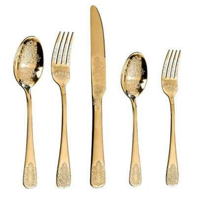 (20 Pieces) Stainless Steel Silverware Kitchen Cutlery Set Utensils Tableware Flatware Sets for 5, Steak Knife Fork Spoons Teaspoons,Creative retro palace style (Gold)