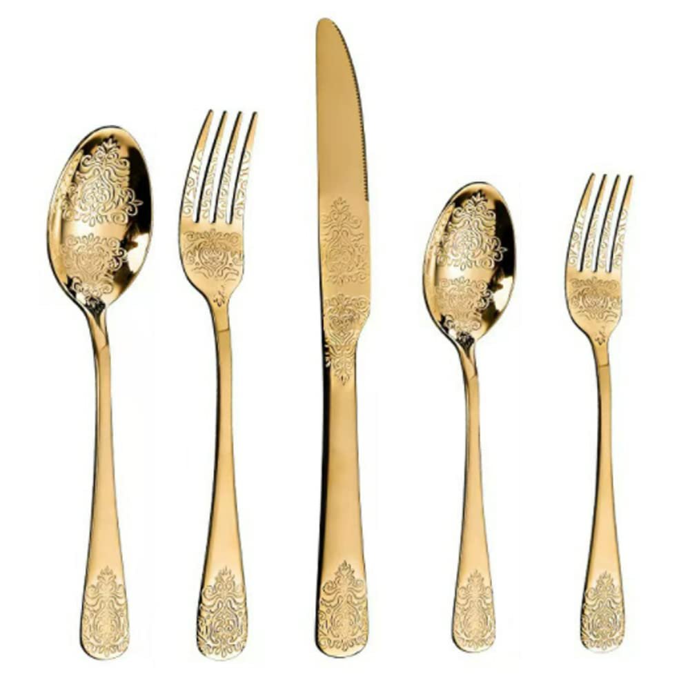 (20 Pieces) Stainless Steel Silverware Kitchen Cutlery Set Utensils Tableware Flatware Sets for 5, Steak Knife Fork Spoons Teaspoons,Creative retro palace style (Gold)
