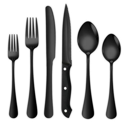 (24 Pieces) Stainless Steel Silverware Kitchen Cutlery Set Utensils Tableware Flatware Sets for 6, Steak Knife Fork Spoons Teaspoons,Western Food Dessert Banquet Hotel Restaurant (Black)