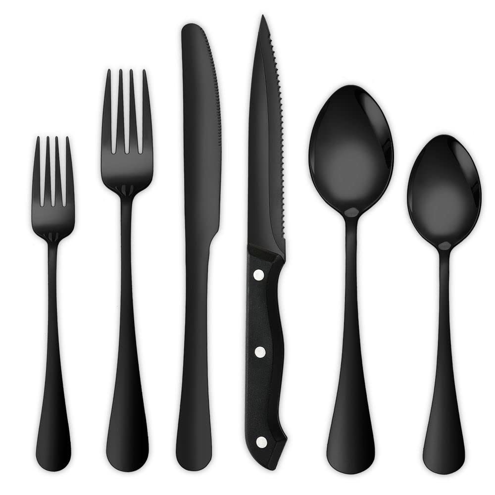 (24 Pieces) Stainless Steel Silverware Kitchen Cutlery Set Utensils Tableware Flatware Sets for 6, Steak Knife Fork Spoons Teaspoons,Western Food Dessert Banquet Hotel Restaurant (Black)