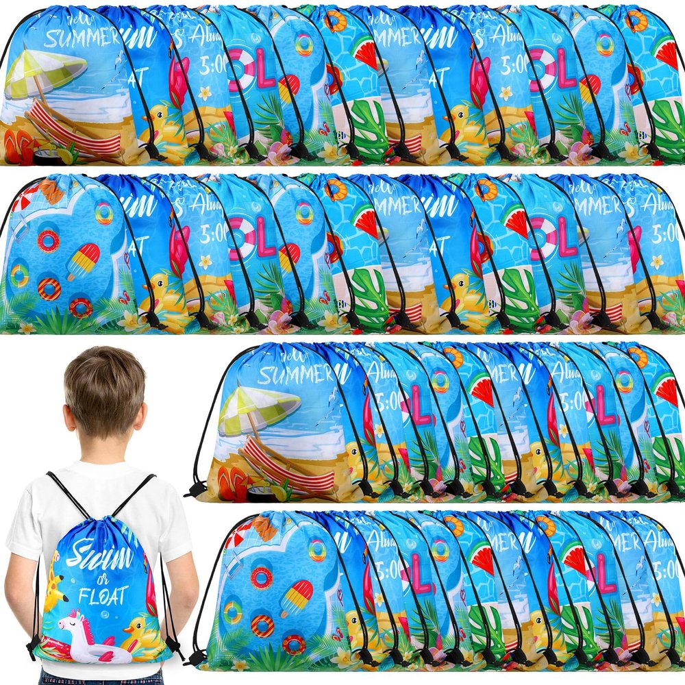 Sanwuta 18 Pcs Pool Party Favor Bags Summer Beach Goodie Gift Drawstring Bags Summer Drawstring Backpack for Pool Party Decorations