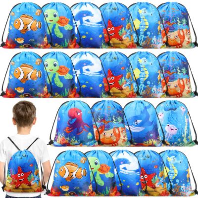 Sanwuta 18 Pcs Under the Sea Party Favor Bags Goodie Ocean Gift Drawstring Bags Beach Sea Animal Candy Treat Drawstring Backpack for Summer Birthday Party Decor Baby Shower Supplies (Classic Style)