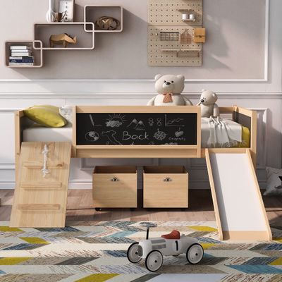 Twin Size Loft Bed, Low Loft Bed with 2 Movable Storage Shelves, Twin Loft Bed Frame with Chalkboard and Ladder, Multifunctional Loft Bed for Kids Boys Girls Teens, No Box Spring Needed (Natural)