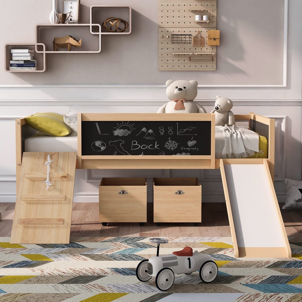 Twin Size Loft Bed, Low Loft Bed with 2 Movable Storage Shelves, Twin Loft Bed Frame with Chalkboard and Ladder, Multifunctional Loft Bed for Kids Boys Girls Teens, No Box Spring Needed (Natural)