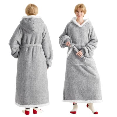 Bedsure Wearable Blanket Hoodie, Long Hooded Blanket Sweatshirt as Christmas Birthday Gifts for Women, Cozy Sherpa Hoodie for Adult, Standard, Concrete Grey
