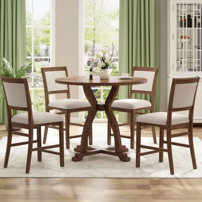 5-Piece Farmhouse Dining Table Set for 4, Round Dining Room Table Set with Trestle Legs Wood Kitchen Table Set with 4 Upholstered Dining Chairs for Small Place, Apartment, Brown
