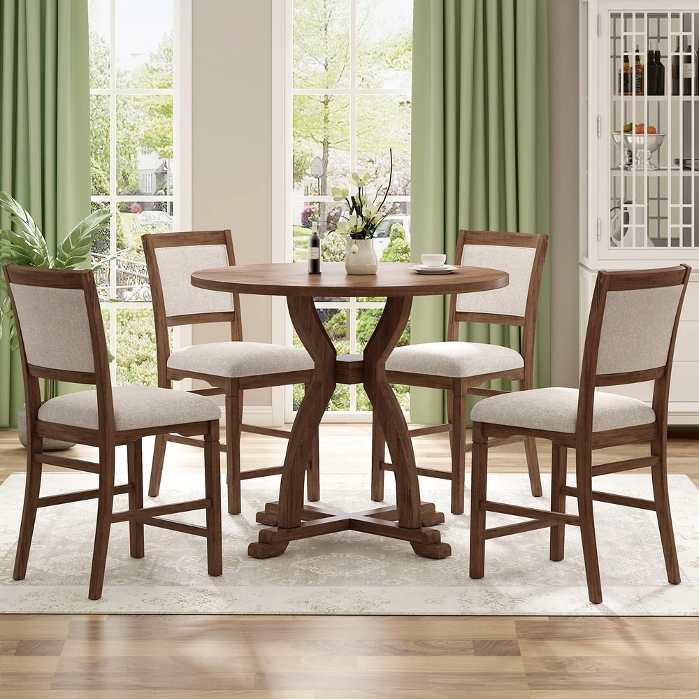 5-Piece Farmhouse Dining Table Set for 4, Round Dining Room Table Set with Trestle Legs Wood Kitchen Table Set with 4 Upholstered Dining Chairs for Small Place, Apartment, Brown