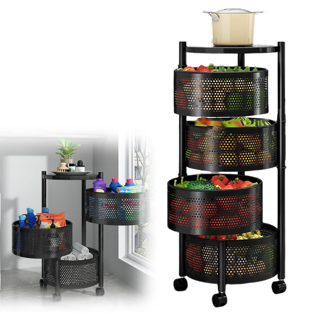Storage Rolling Cart with Wheels, 76x34cm, Black, 4-Tier Metal Rotating Shelves Rack Organizer, Breathable Mesh Basket, with Brake On Casters, Perfect for Fruit, Vegetables, Snacks
