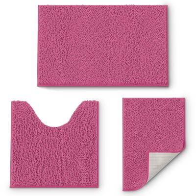 Bathroom Rug Mat Set 3 Piece, Extra Soft Absorbent Microfiber Bath Rugs, Rubber Backing, Quick Dry, Machine Washable Bath Mats for Bathroom Floor, Tub and Shower, Home Decor Accessories, Hot Pink