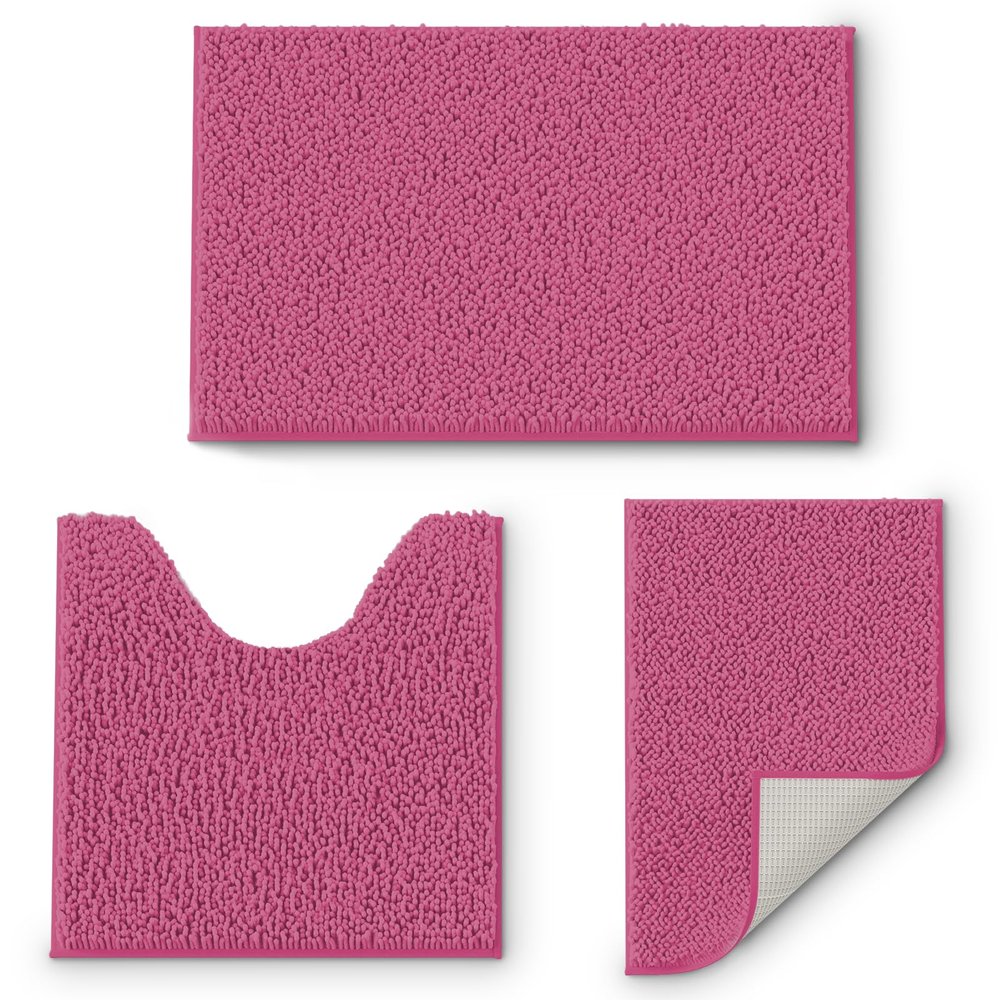 Bathroom Rug Mat Set 3 Piece, Extra Soft Absorbent Microfiber Bath Rugs, Rubber Backing, Quick Dry, Machine Washable Bath Mats for Bathroom Floor, Tub and Shower, Home Decor Accessories, Hot Pink