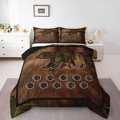 Camouflage Bear Twin Size Comforter Set For Boys Men,Camo Woodland Animal Comforter Brown Bear Skin Bedding Sets Rustic Farmhouse Cabin Lodge,Soft Microfiber Quilt Duvet Insert 1 Pillow Case