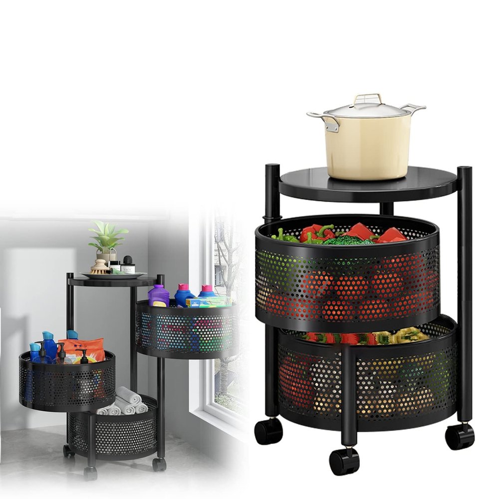 Storage Rolling Cart with Wheels, 76x34cm, Black, 4-Tier Metal Rotating Shelves Rack Organizer, Breathable Mesh Basket, with Brake On Casters, Perfect for Fruit, Vegetables, Snacks