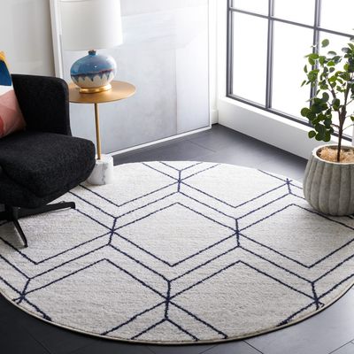 SAFAVIEH Adirondack Collection Area Rug - 4' Round, Light Grey & Navy, Modern Geometric Design, Non-Shedding & Easy Care, Ideal for High Traffic Areas in Living Room, Bedroom (ADR241N)