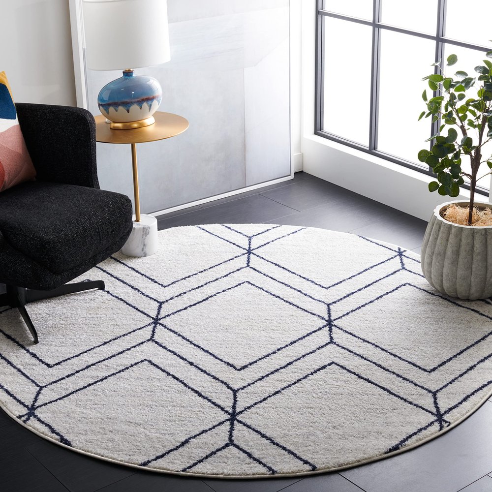 SAFAVIEH Adirondack Collection Area Rug - 4' Round, Light Grey & Navy, Modern Geometric Design, Non-Shedding & Easy Care, Ideal for High Traffic Areas in Living Room, Bedroom (ADR241N)