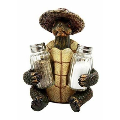 1 Set Of Slow Seasons Camping Turtle With Wicker Hat Salt And Pepper Shakers 7"H