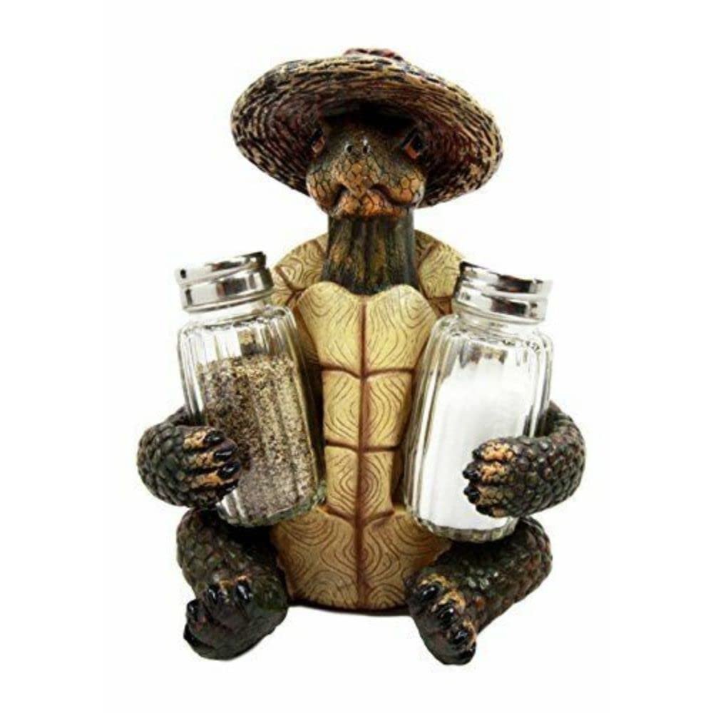 1 Set Of Slow Seasons Camping Turtle With Wicker Hat Salt And Pepper Shakers 7"H
