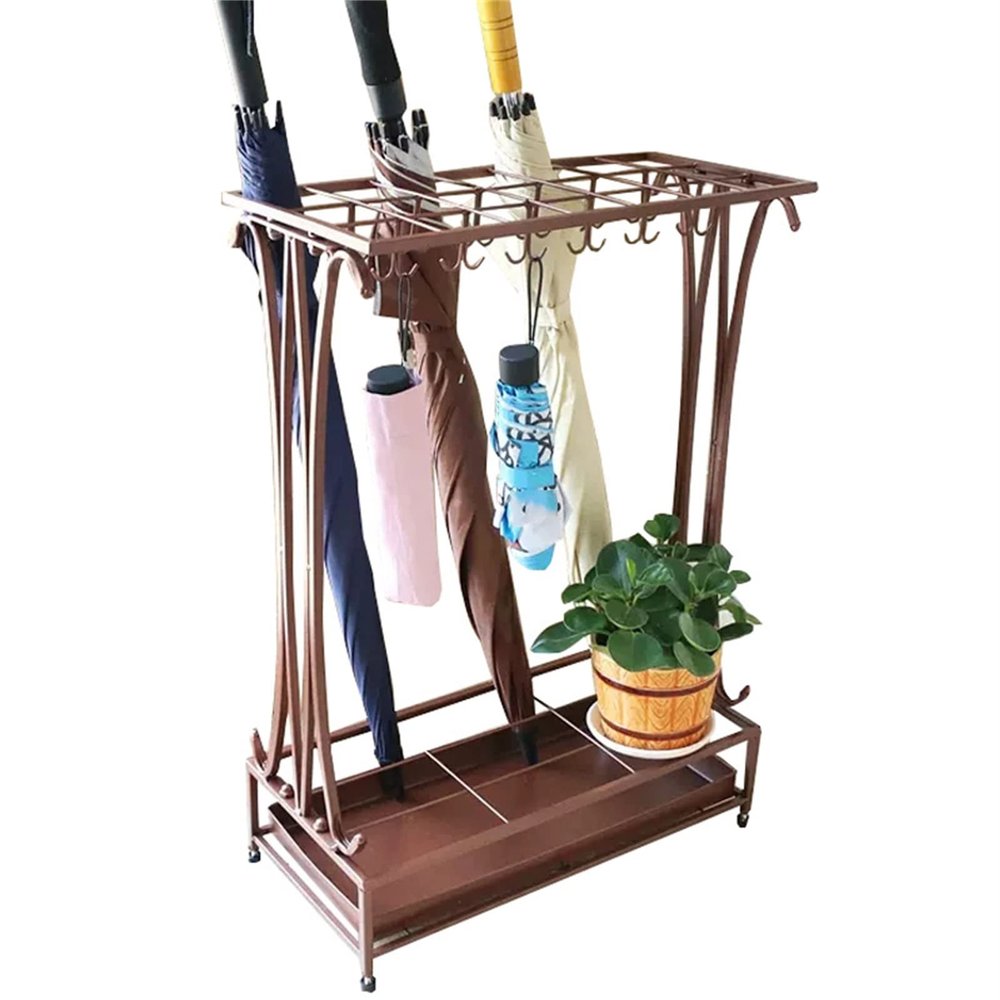Umbrella Stand, Iron with Hooks/Drip Tray Household Canes/Walking Stick Stand Storage Holder Rack Personality Creative Long/Short Storage Shelf, 19.6x9.4x27.5inches, 21 Slots/24 Hooks ( Color : Brown