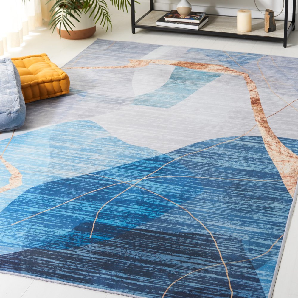 SAFAVIEH Washable Rug Tacoma Collection - 8' x 10', Blue & Gold, Slip Resistant & Easy to Clean, Ideal for Living Room, Bedroom, Home Office, Dining Space (TAC836M)