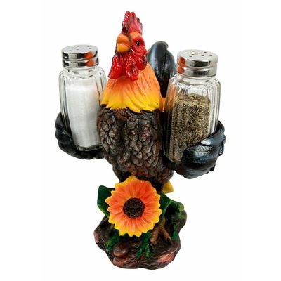 1 Set Of Farm Barnyard Rooster Salt Pepper Shakers Holder Figurine Spice To Crow About