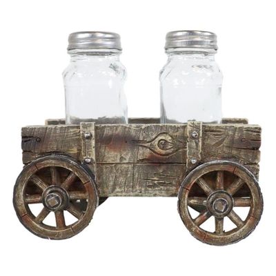 1 Set Of Vintage Old Fashioned Faux Wood Rustic Wagon Cart Salt Pepper Shakers Holder