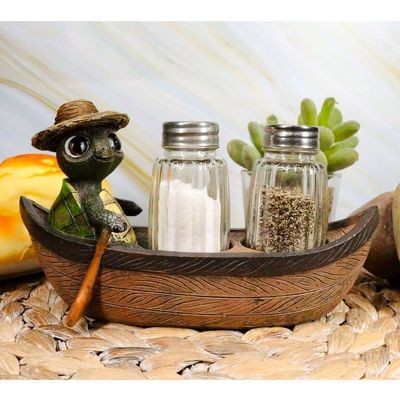 1 Set Of Outdoor River Camper Turtle Rowing Boat Salt Pepper Shakers Holder 7"L