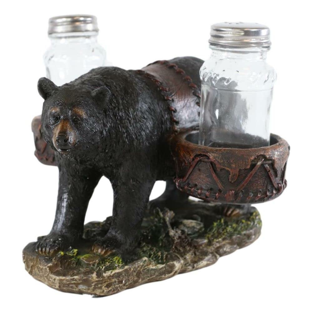 1 Set Of Rustic Black Bear Carrying Saddlebags Holder With Glass Salt And Pepper Shakers