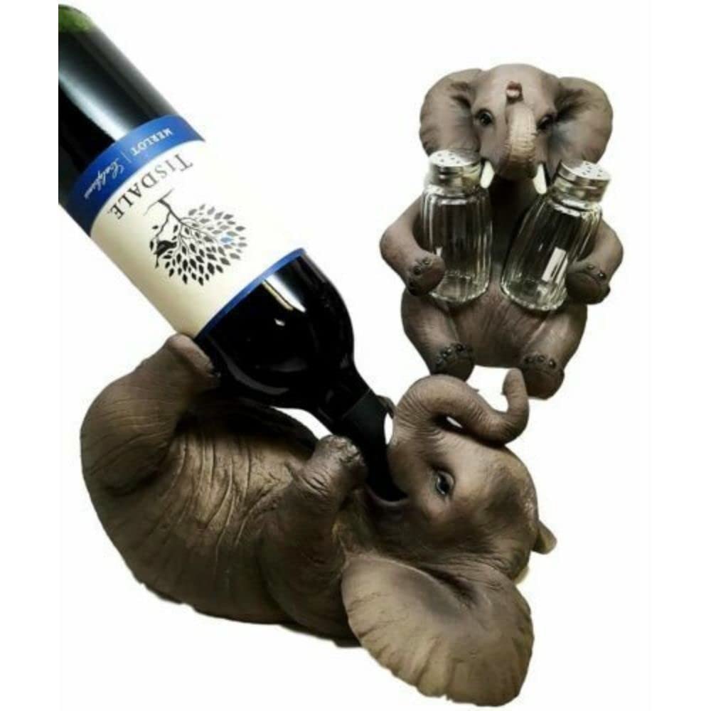 1 Set Of Elephant Pachyderm Wine Bottle & Salt Pepper Shakers Holder Figurine
