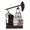 1 Set Of Vintage Metal Oil Derrick Rig Pump Glass Salt And Pepper Shakers Carrier Holder view 1