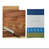 3 Pc Serving Set for the Sabbath incl Natural Wood Challah Tray with Matching Bread Knife + Embroidered Challah Cover (Blue + Olive Green Linen Pomegranates) view 1