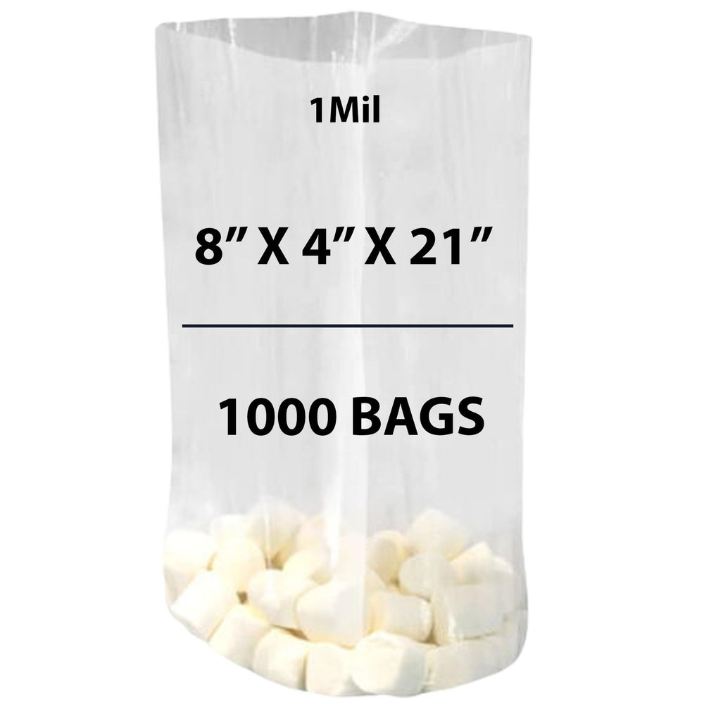 Clear Gusseted Bags 1Mil, 8" X 4" X 21" & 1000 Bags | LDPE Material, For Food Packaging, Storage & Display | Heat Sealable Plastic Bag, Ideal for Bakery, Deli, Snacks, and Commercial Use