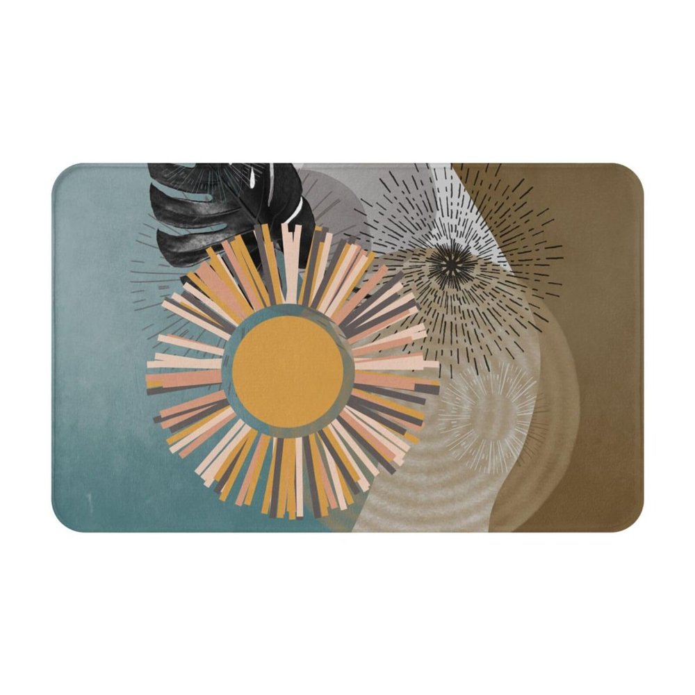 Boho Style Bathroom Rug Abstract Sun Bath Mat Non Slip Machine Washable Tropical Leaves Retro Shower Rugs Home Decorations Soft and Water Absorbent Floor Mats 16"x24"
