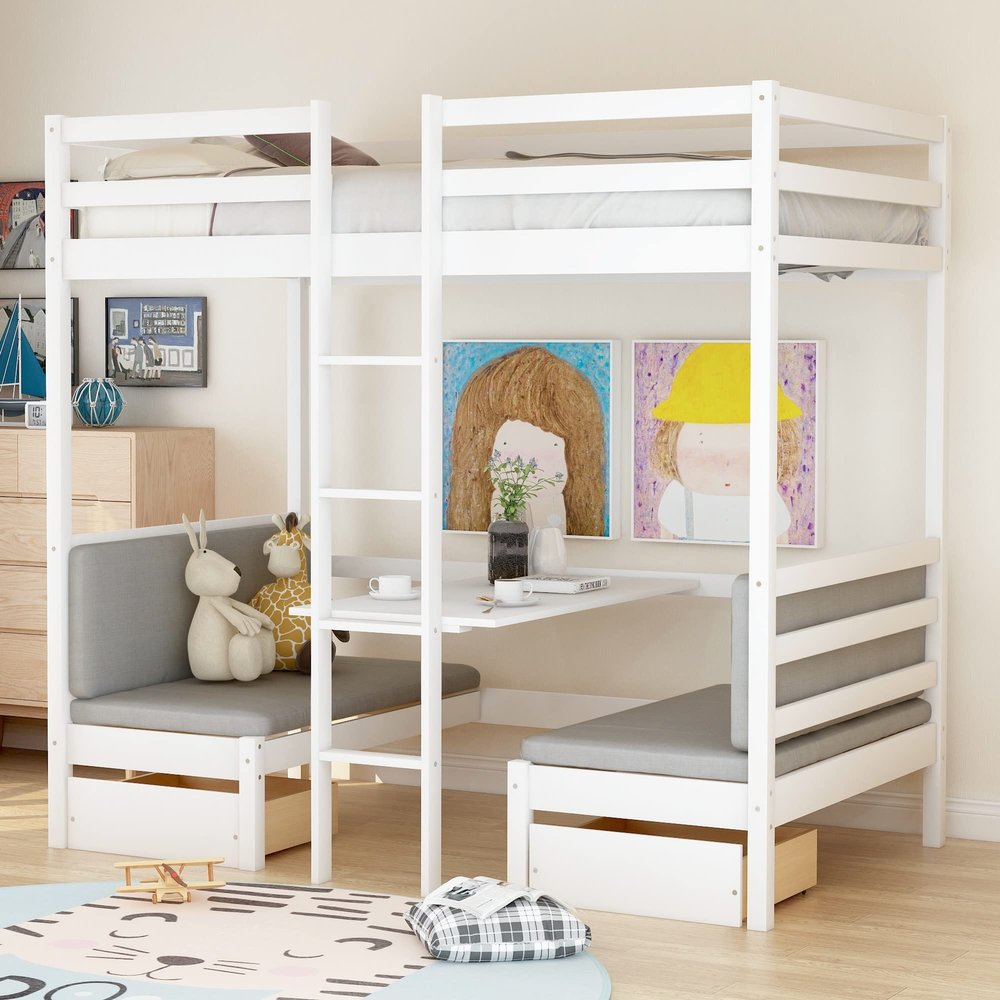 SECOLI Wood Twin Bed Frame Functional Loft Bed (Turn into Upper Bed and Down DeskCushion Sets are Free),Twin Size,White