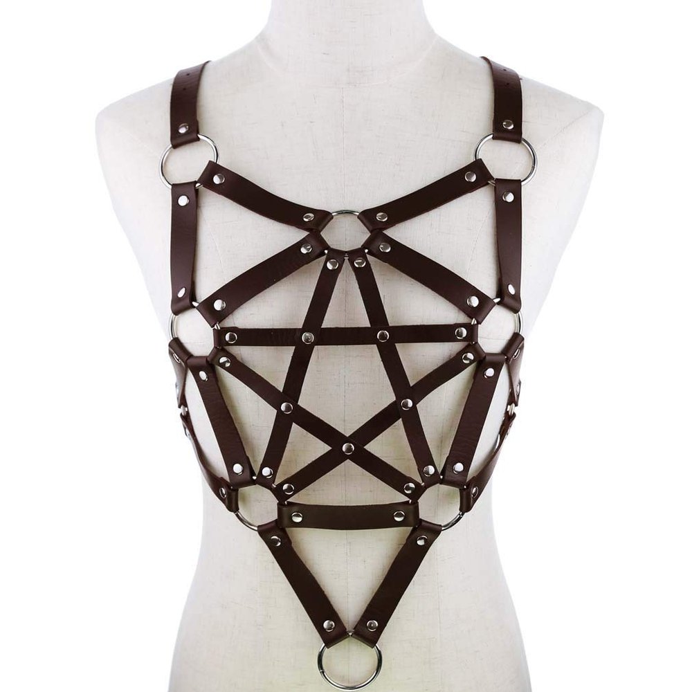 Punk Gothic Body Leather Goods Shaping Belt Chest Chain Chest Strap Suspenders Suspender Women Girls Cospaly Props (Dark Brown)