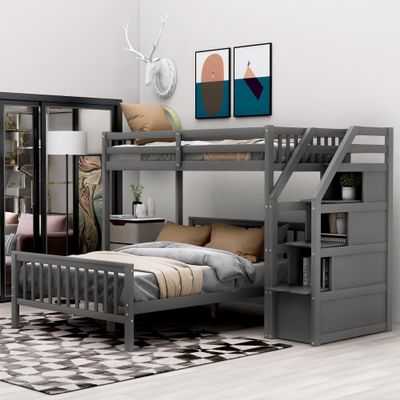SECOLI Wood Twin Bed Frame Twin Over Full Loft Bed with Staircase,Gray