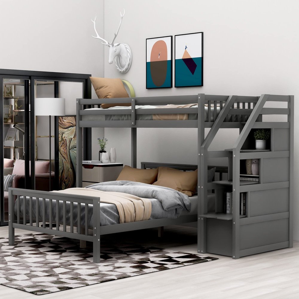 SECOLI Wood Twin Bed Frame Twin Over Full Loft Bed with Staircase,Gray