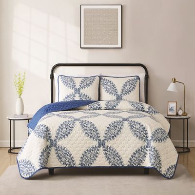 CANNON Abigail Quilt Set Cream and Blue Polyester 3-Piece Full/Queen Quilt Set, Floral Themed, for Men and Women, Oeko-TEX Certified Confidence