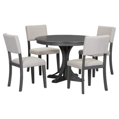 5-Piece Kitchen Table Set, Round Dining Table Set for 4, Wood Bar Table Set, Farmhouse Round Coffee Table with 4 Bar Stools for Dining Room Bedroom Office Small Space, Grey