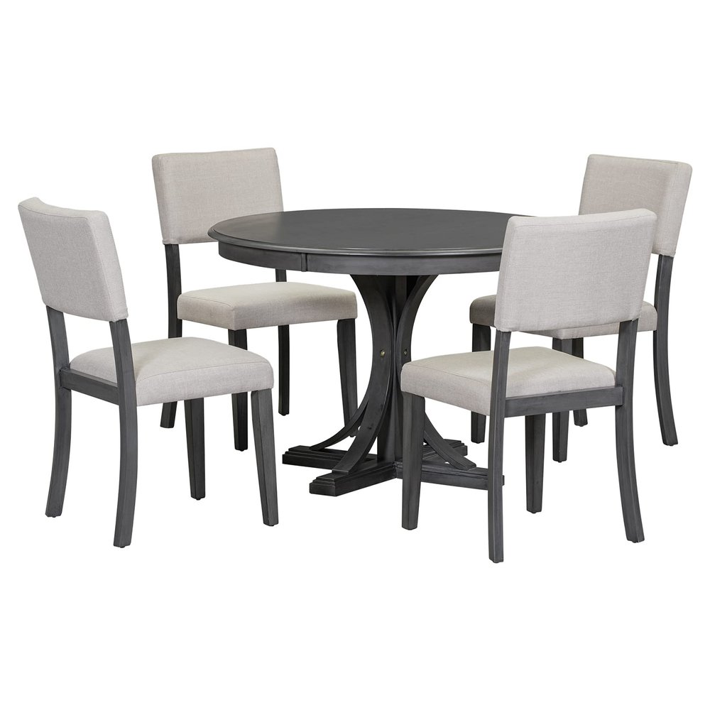 5-Piece Kitchen Table Set, Round Dining Table Set for 4, Wood Bar Table Set, Farmhouse Round Coffee Table with 4 Bar Stools for Dining Room Bedroom Office Small Space, Grey