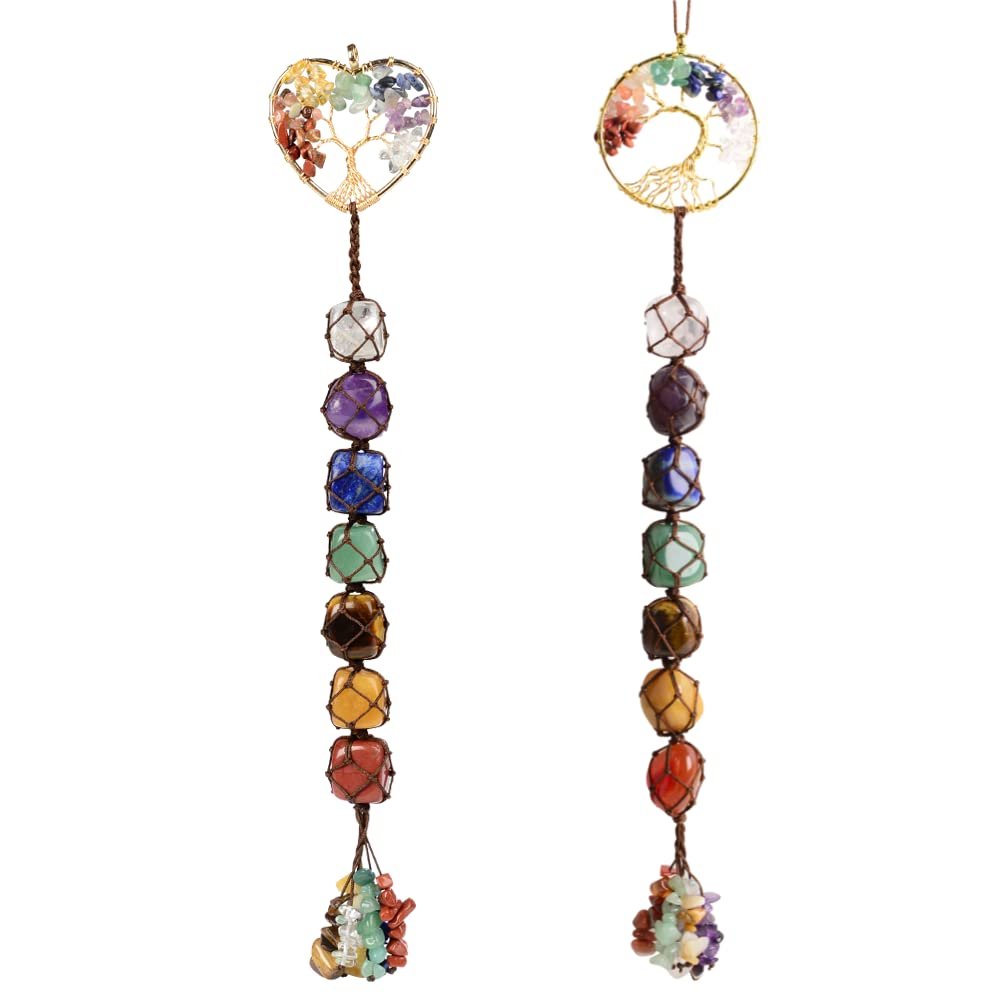 2 Pieces of 7 Chakras Healing Crystals and Tree of Life Wall Hanger Tumbled Gemstones Meditation Hanging Ornament Christmas Tree Memorial Hanging Pendant (Style 4)