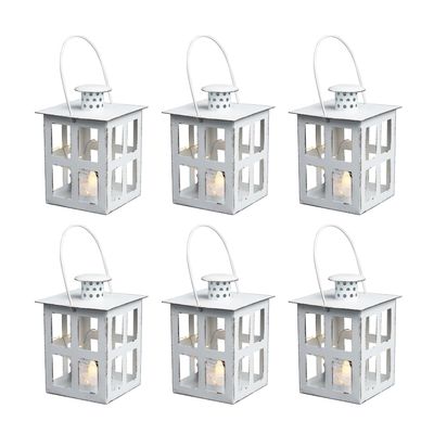 HPC Decor 6PCS Mini Lanterns Decorative for Wedding Centerpieces- Bulk Metal Candle Lanterns w/ LED Tealight & String- Modern Farmhouse Decor for Home, Party, Table, Fireplace, Shelf Decor (White)