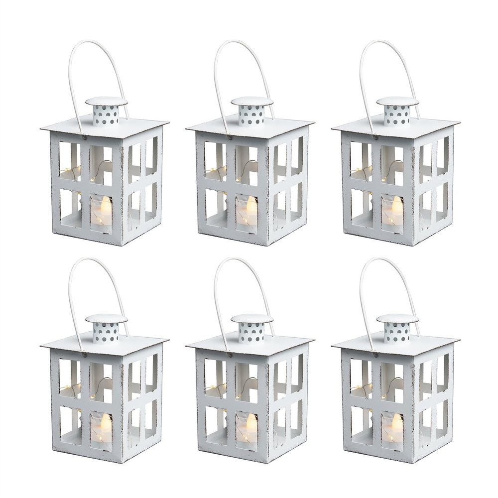 HPC Decor 6PCS Mini Lanterns Decorative for Wedding Centerpieces- Bulk Metal Candle Lanterns w/ LED Tealight & String- Modern Farmhouse Decor for Home, Party, Table, Fireplace, Shelf Decor (White)