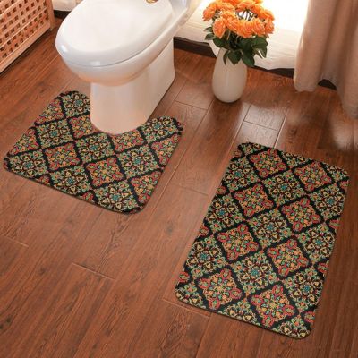Bathroom Rugs Bath Mat 2 Piece Flannel Bath Mat Compatible with Traditional Floral Paisley Bandanna Pattern, Non-Slip Soft Water Absorbent Shower Rug, Machine Washable Quick Dry Bath Rugs