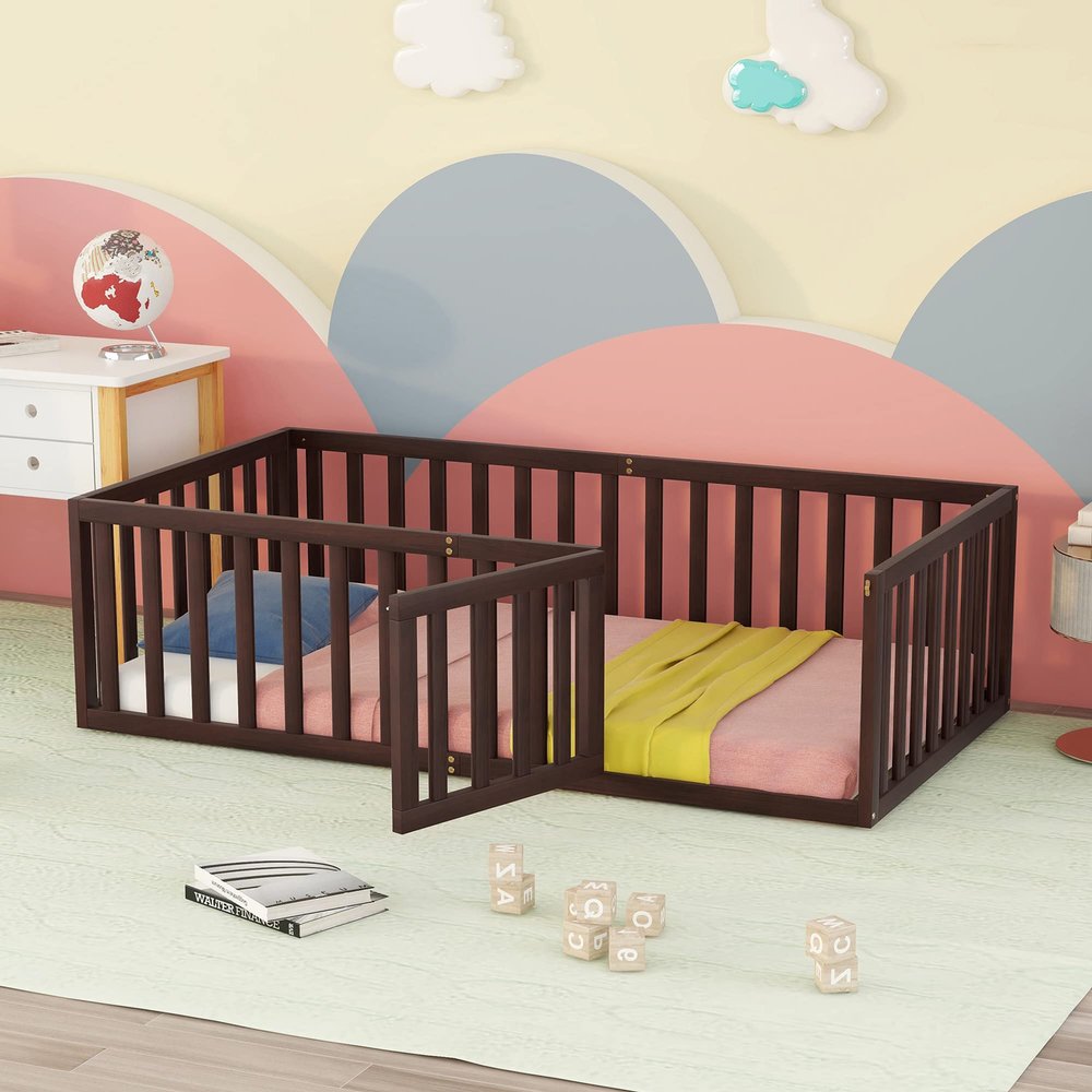P PURLOVE Wood Floor Bed Twin, Floor Bed Frame with Fence Shaped Guardrail and Closable Door for Boys and Girls, Easy to Assemble, Walnut