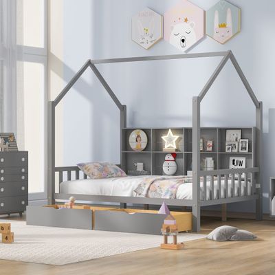Unique Kids Wooden House Bed with 2 Drawers,Full Size Platform Bed with Storage Shelf,Suitable for Kids Teen Boys Girls Bedroom Use (Gray@b)