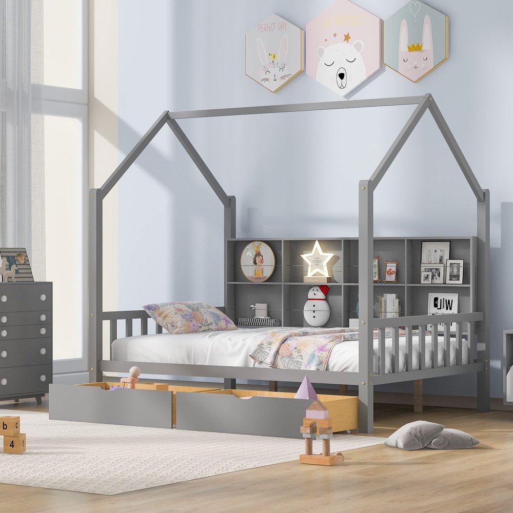 Unique Kids Wooden House Bed with 2 Drawers,Full Size Platform Bed with Storage Shelf,Suitable for Kids Teen Boys Girls Bedroom Use (Gray@b)