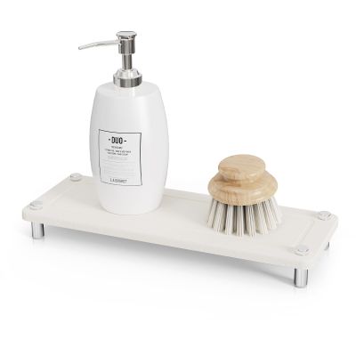 Johamoo Kitchen Sink Caddy Water Absorbing Stone Tray For Sink, Diatomite Bathroom Countertop Tray Organizer, Faucet Stone Drying Mat Coaster Soap Dish Sponge Dispenser Holder (White)