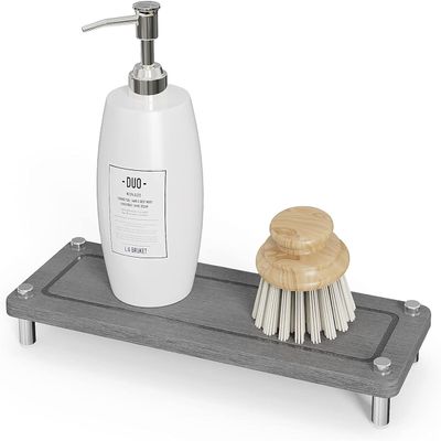 Johamoo Kitchen Sink Caddy Water Absorbing Stone Tray For Sink, Diatomite Bathroom Countertop Tray Organizer, Faucet Stone Drying Mat Coaster Soap Dish Sponge Dispenser Holder (Grey)