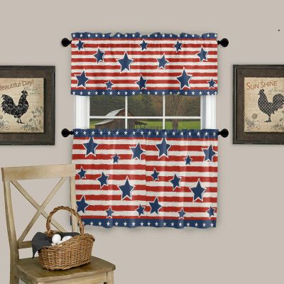 3 Pcs Valance and Tier Curtain Sets Independence Day Patriot Pentagram American Flag Red and Blue Stripes Valances for Windows, Rod Pocket Semi Sheer Valance Curtains for Kitchen Living Room Bathroom